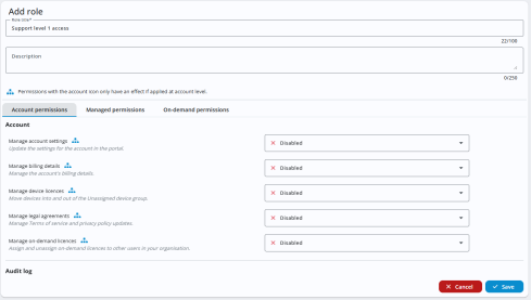 Add role screen with the role title set to 'Support level 1 access'. The Account permissions tab is active. Several permissions are listed with drop-downs to enable or disable them. At the bottom are Cancel and Save buttons.